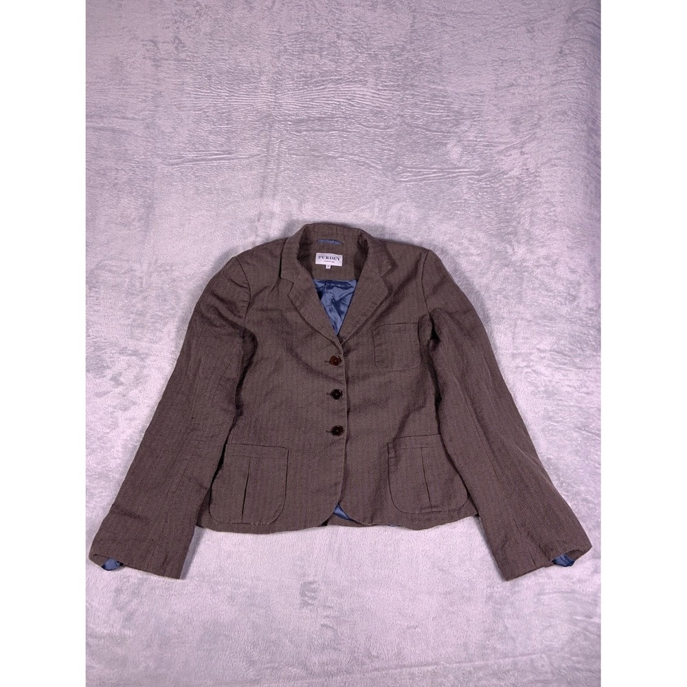 Purdey London Women's Herringbone 3 Button Blazer Brown Size 16 Notched lapels